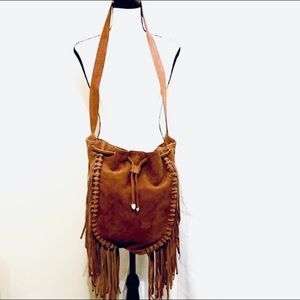 Suede Leather Brown Hobo Tassel Crossbody Saddle Bag